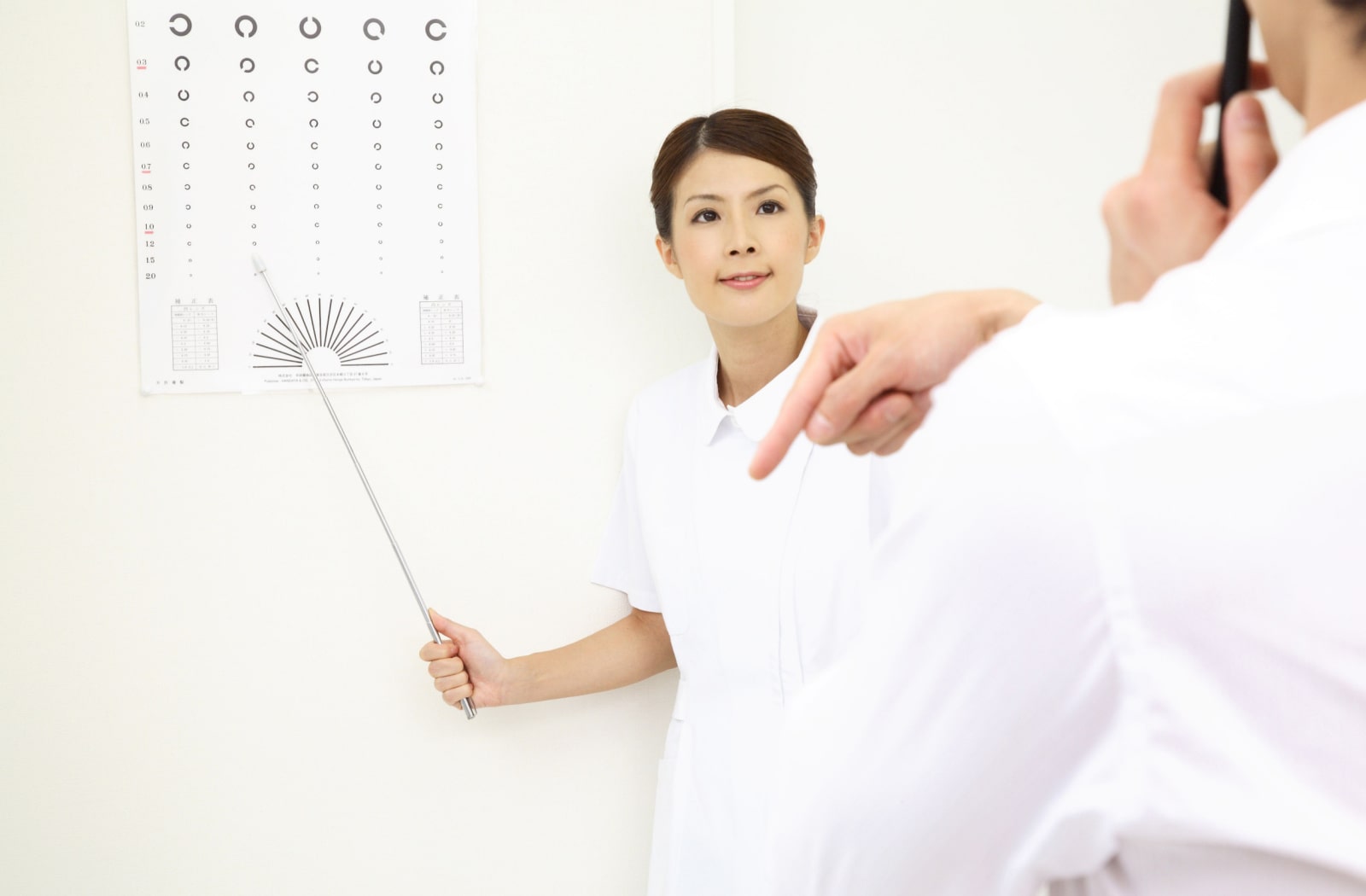 A female optician is doing an acuity test on her male patient. An optician is pointing to a Snellen chart while the patient is calling out what is pointed on the Snellen chart