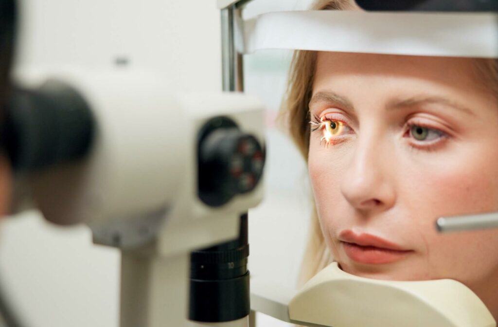 A woman getting her eyes examined.