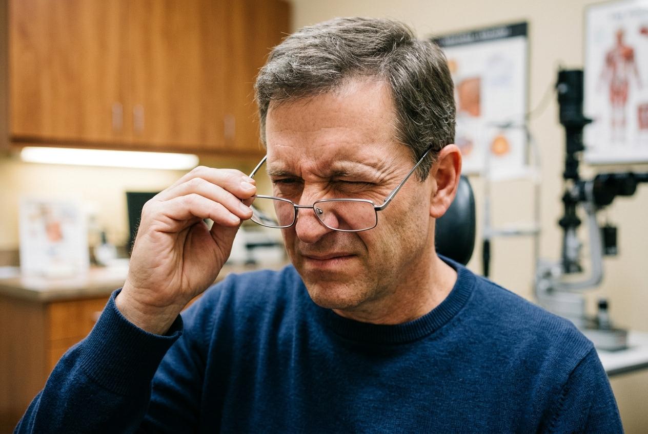 Adult squinting while wearing glasses
