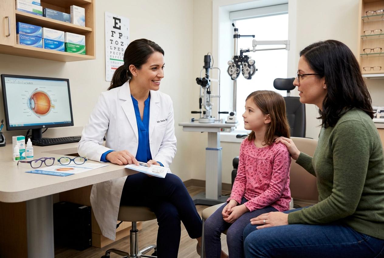 Parent with their child talking to an eye doctor about myopia control options