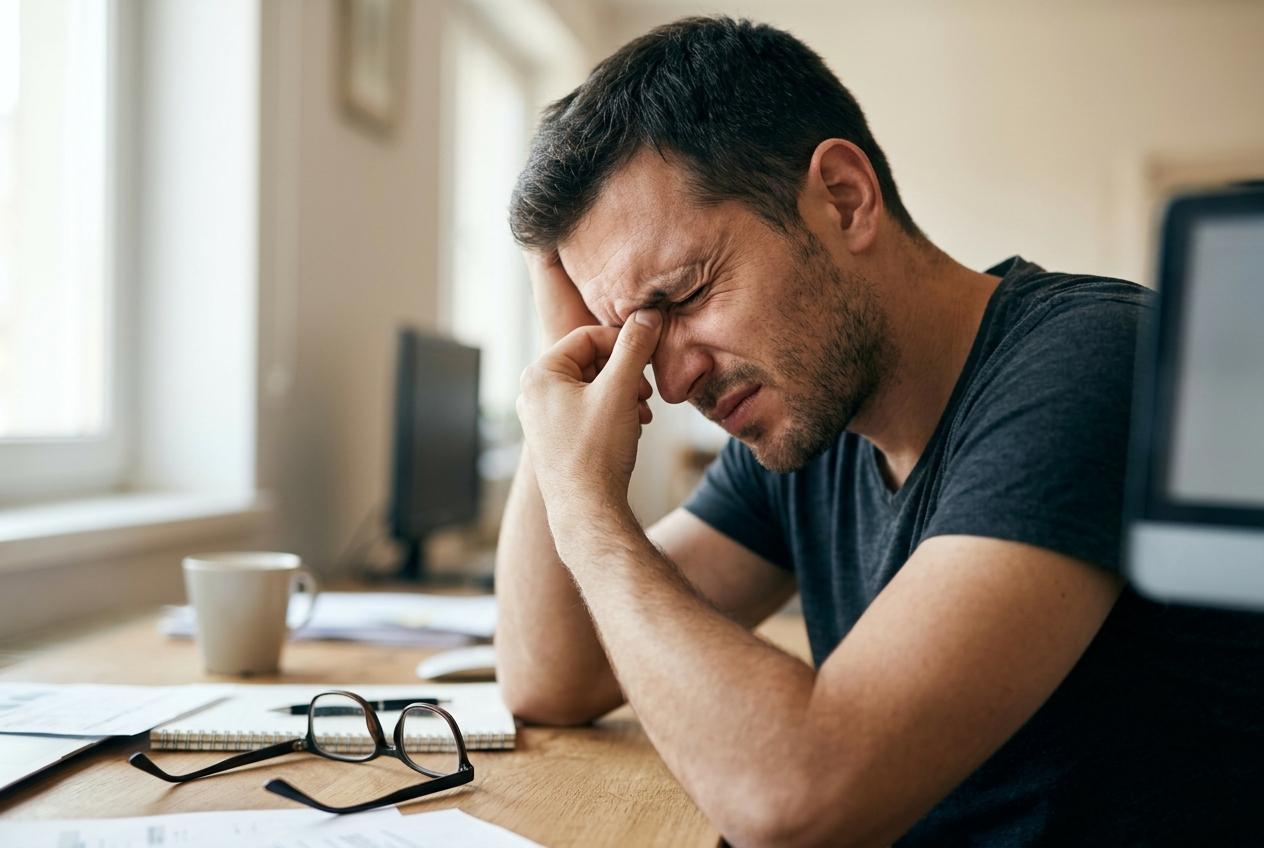 Person experiencing eye strain from not wearing glasses