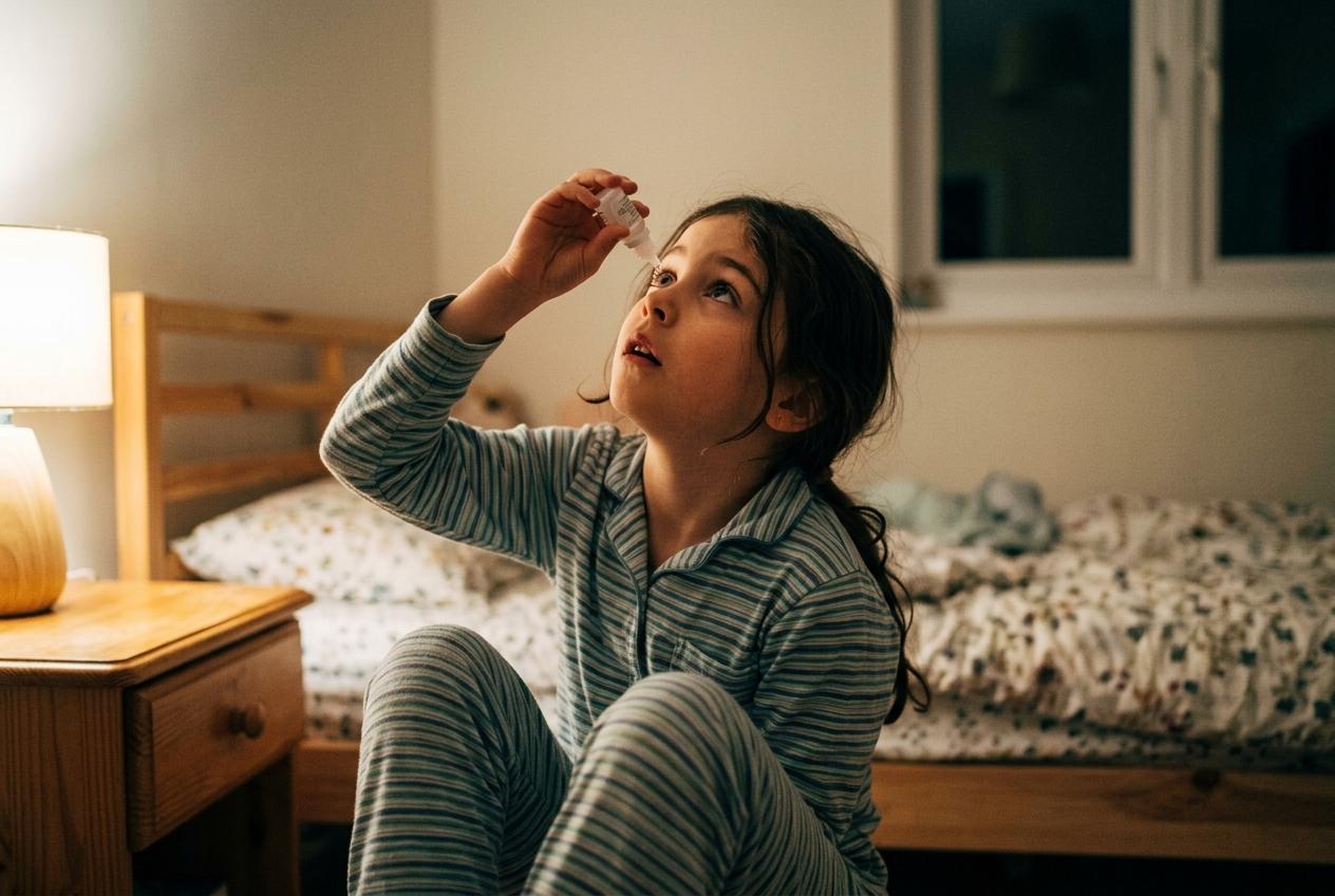 Young child applying atropine eye drops to treat myopia