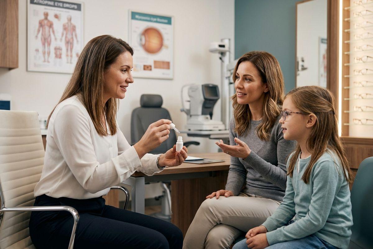 A parent and their child talking to an optometrist about atropine eye drops to treat myopia.