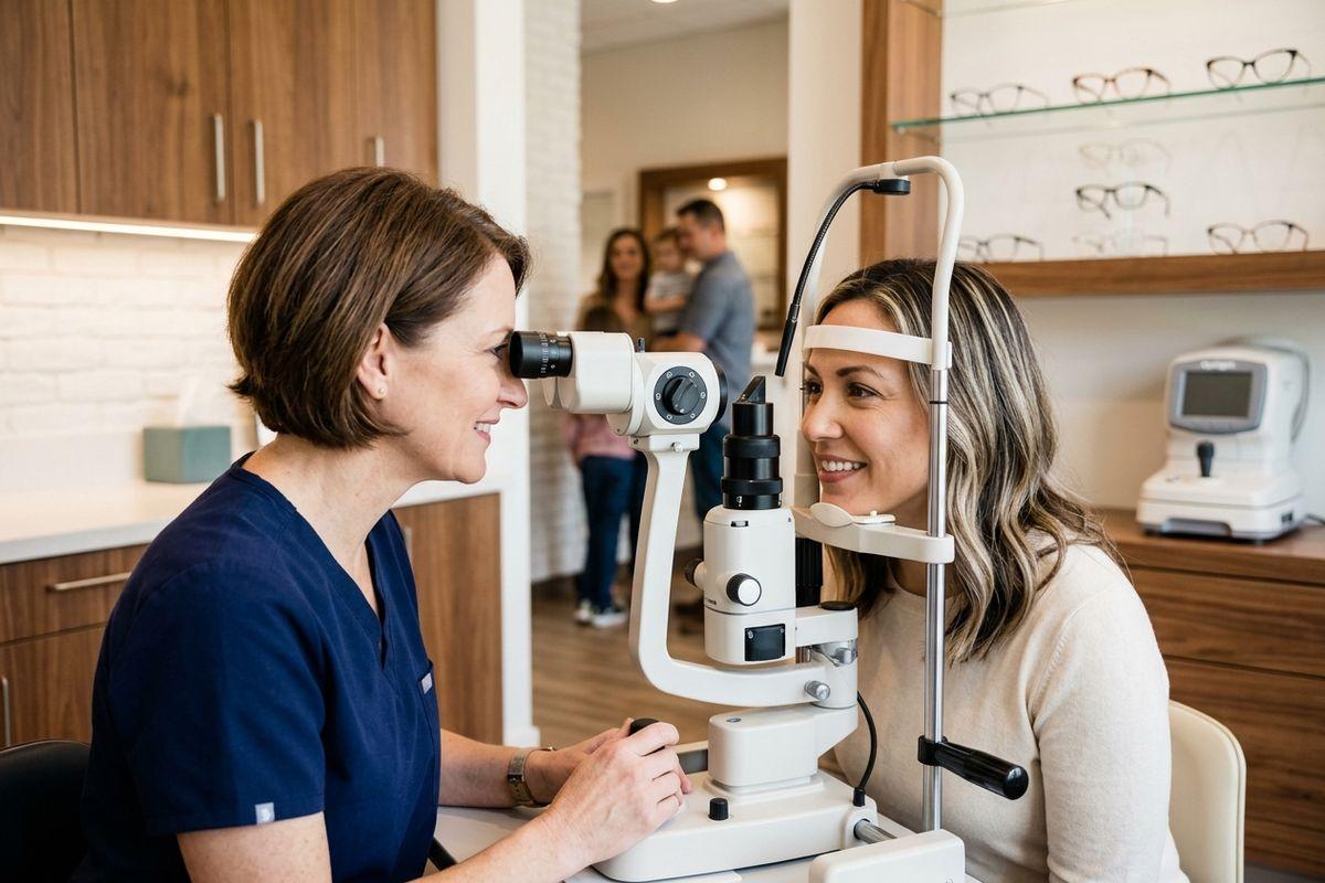 A person getting an eye exam done by an optometrist.