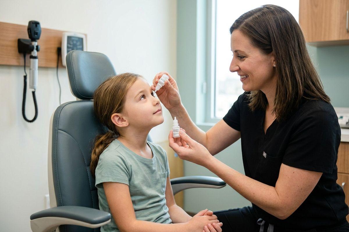 An optometrist administering eye drops into a child's eye while the child sits in an exam chair.