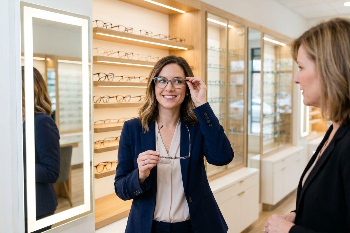 Person trying on glasses with an optician.