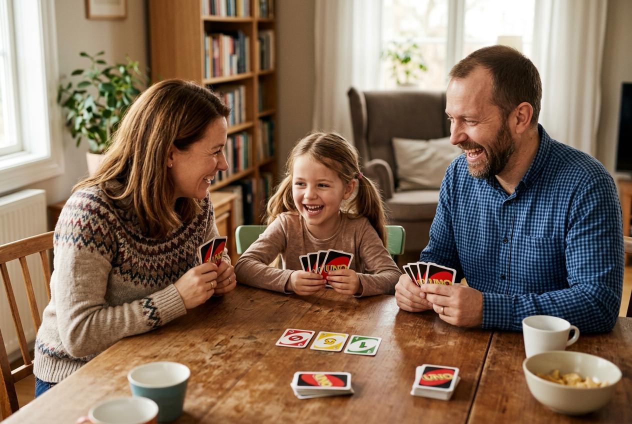 Two adults and a laughing girl play UNO cards at a wooden table in a living room with bookshelves and a chair.