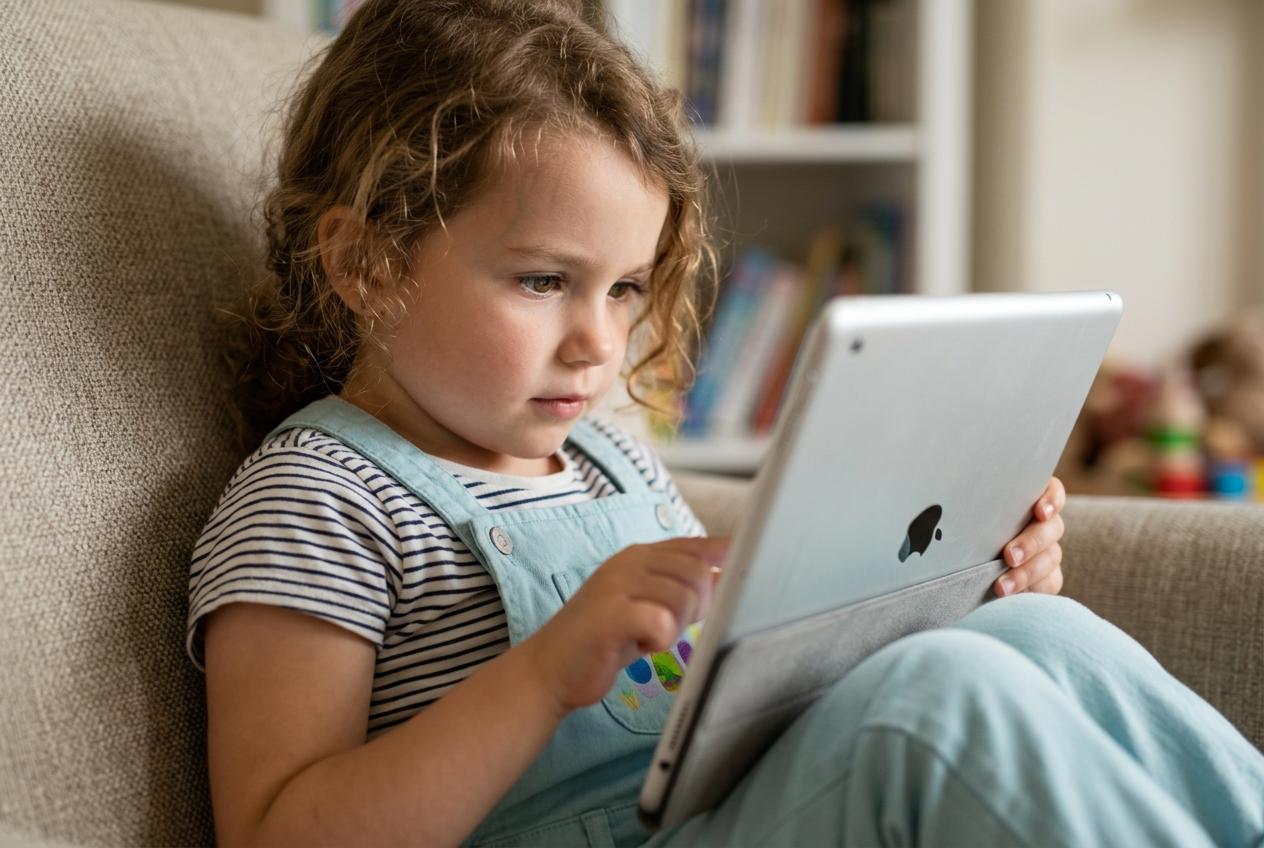 Young child with curly hair sits on a couch, focused on a tablet, touching the screen with one finger.