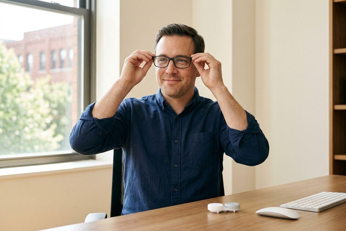 An adult sitting at a desk adjusting eyeglasses with both hands, smiling; contact lens cases, mouse and keyboard on the desk.