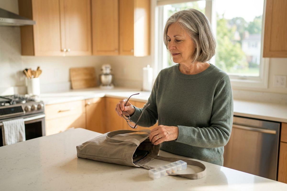 An older adult holding glasses and opening a canvas tote bag on a kitchen counter, with a weekly pill organizer beside it.