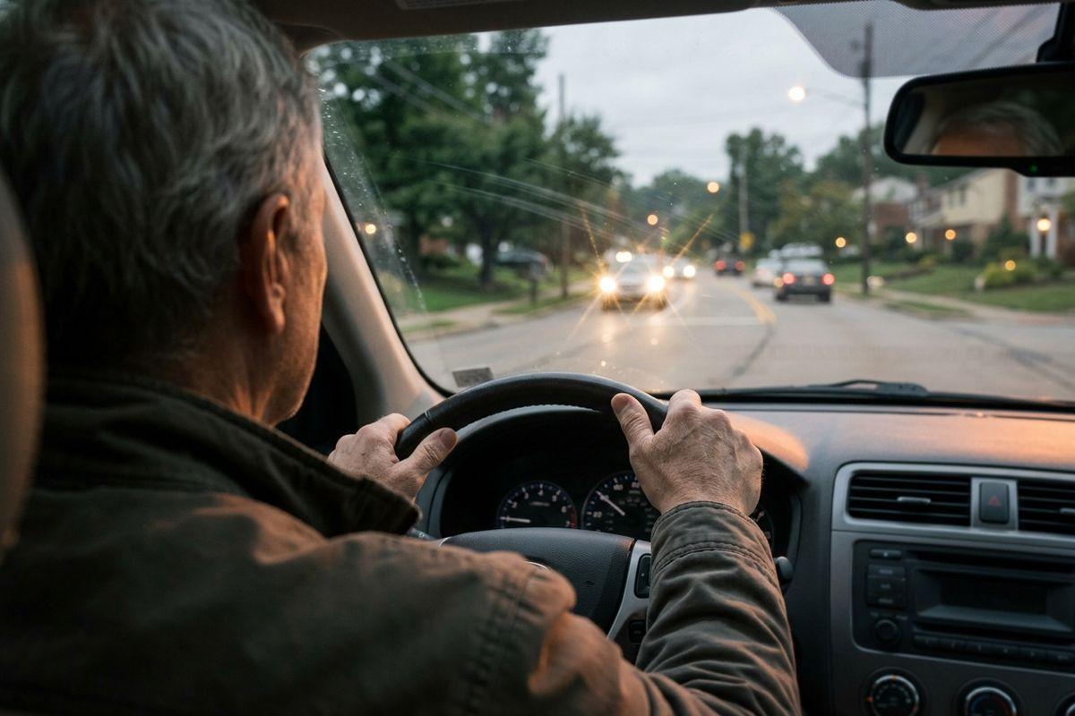 An older adult with grey hair grips the steering wheel while driving at dusk, facing oncoming headlights glaring through the windshield.