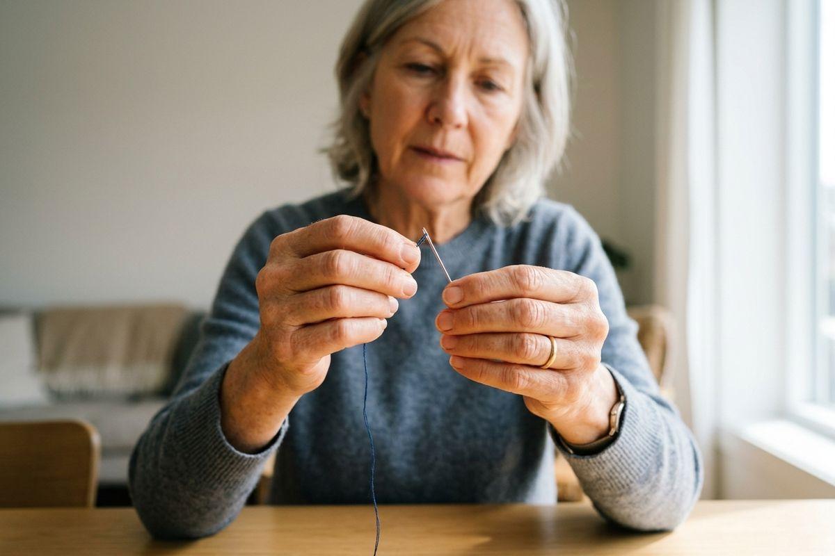 An older adult with grey hair threading a needle with blue thread at a wooden table by a window, focused.