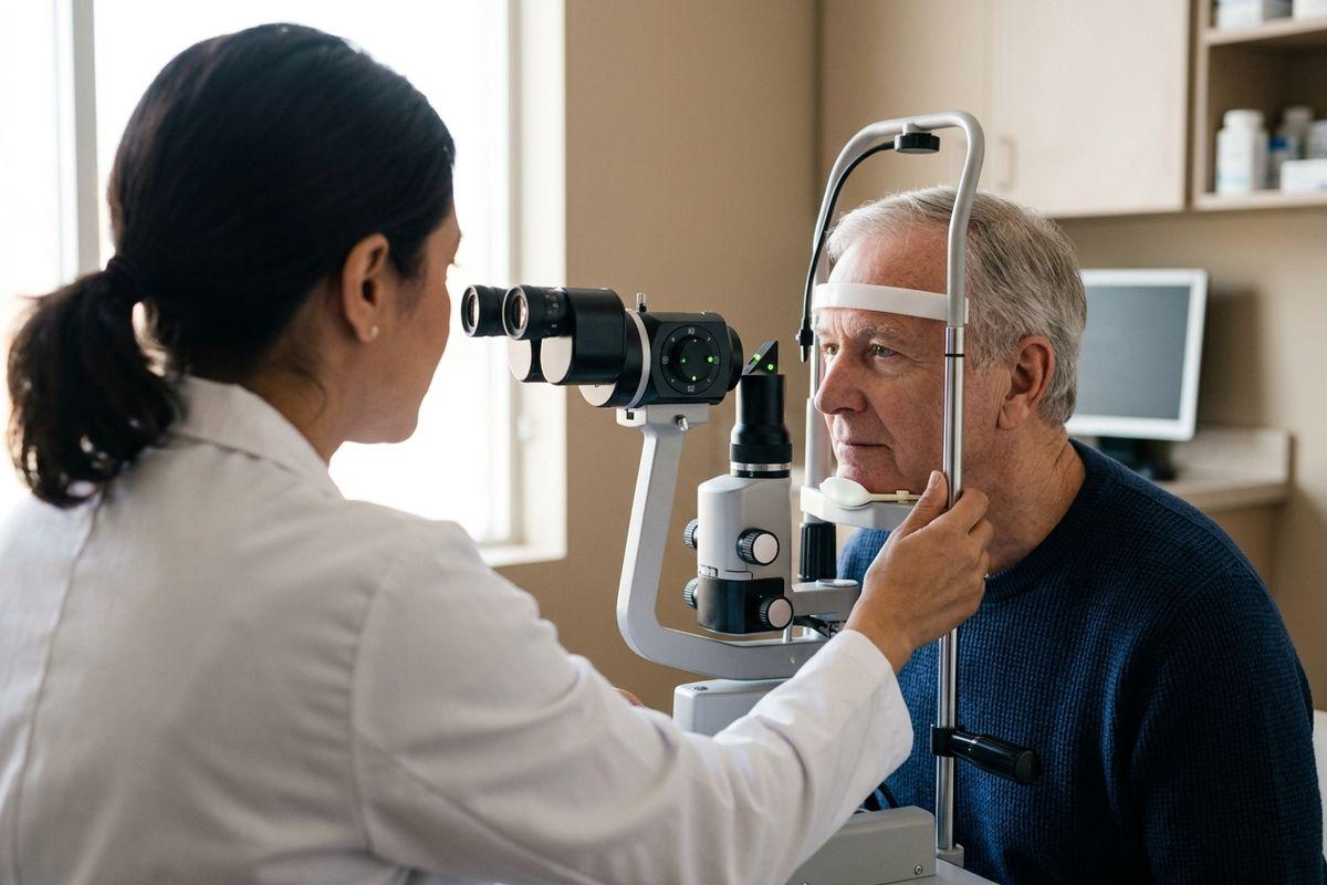 An optometrist examines an older adult's eyes with a slit lamp in an exam room.