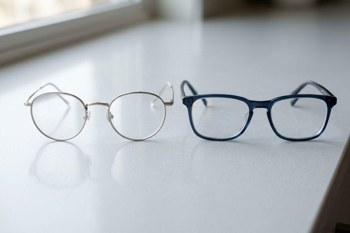 Two pairs of eyeglasses side by side on a white surface: round silver wire frames and rectangular blue frames.