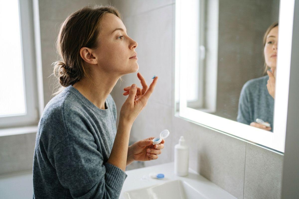 A person in a bathroom holding a contact lens on a fingertip and a lens case, looking into a lit mirror that shows their reflection.