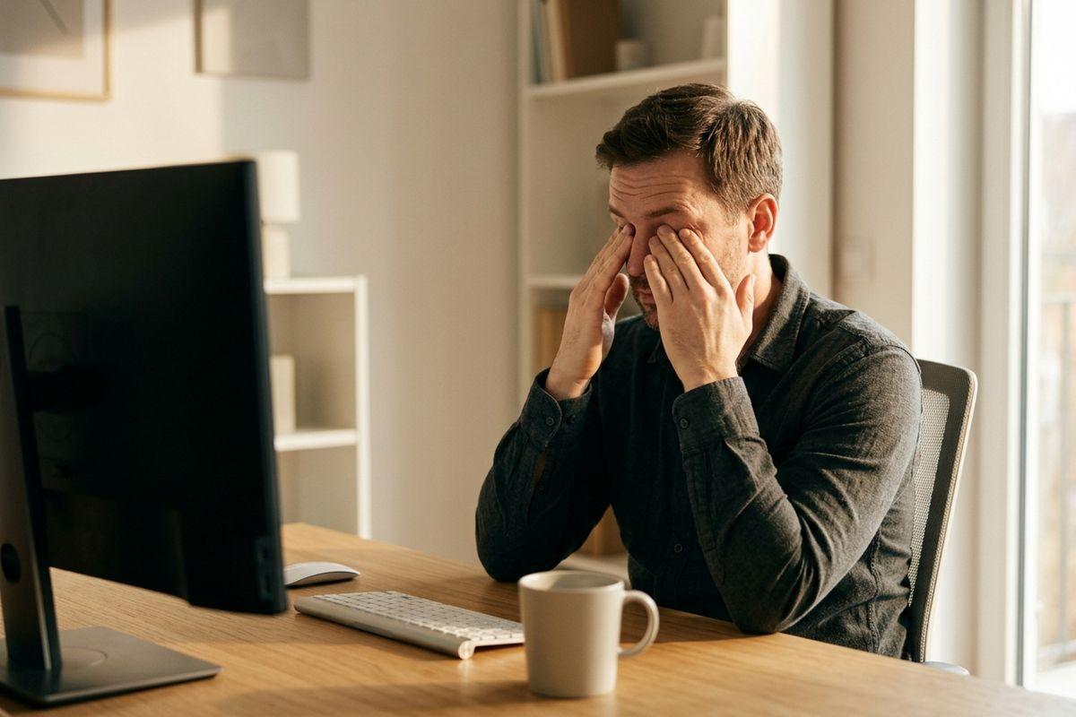 An adult sitting at a wooden desk rubbing both eyes with hands, in front of a computer monitor, keyboard and mug near a window.