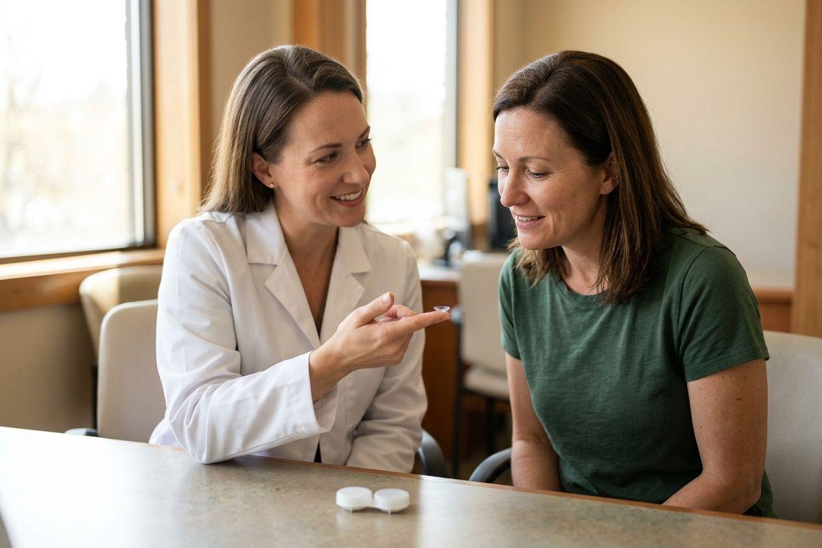 An optometrist holding a contact lens on a fingertip, showing it to a smiling patient seated at a table with a lens case.